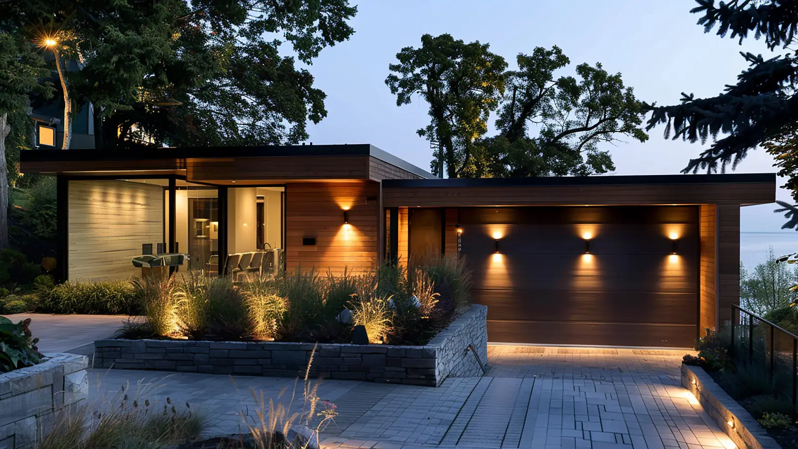 Landscape lighting on a River Oaks, Texas home at night