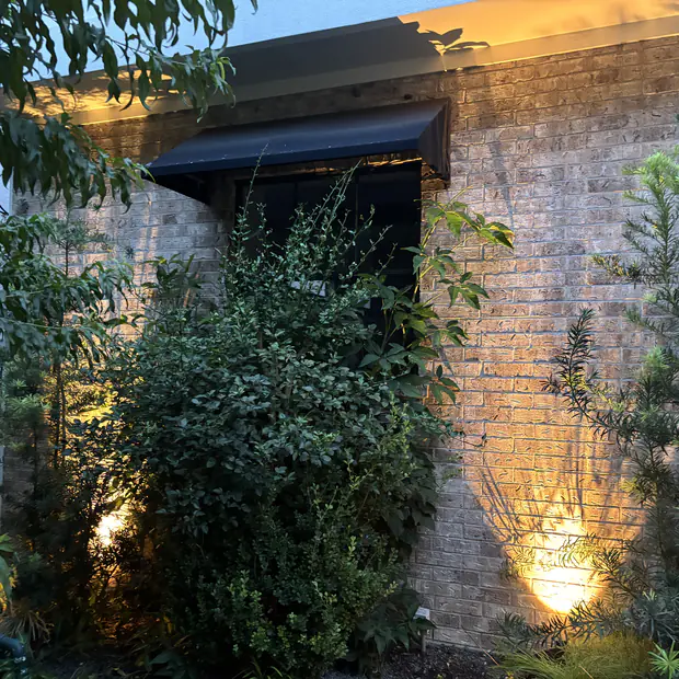 Warm wall-wash lighting on a brick elevation and climbing planting