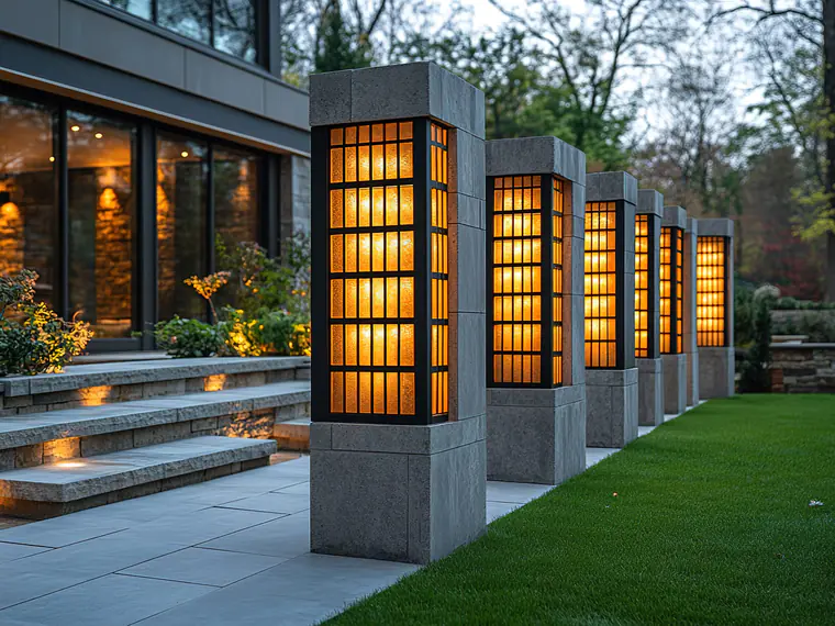 Path lights lining a stone walkway beside a contemporary home